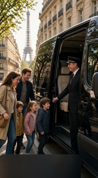Famille accueillie par son chauffeur VANWAVE devant la Tour Eiffel